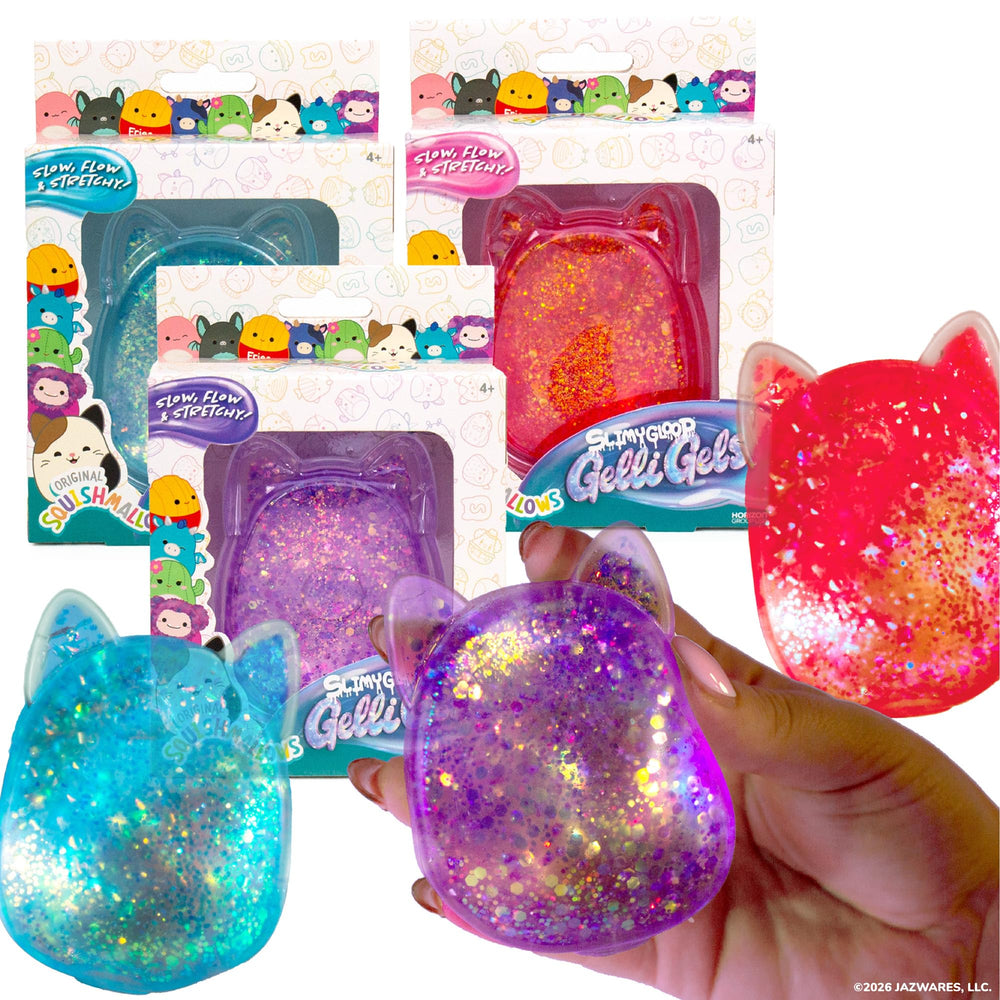 Squishmallows SLIMYGLOOP frontal del pack mostrando los tres colores y diversión