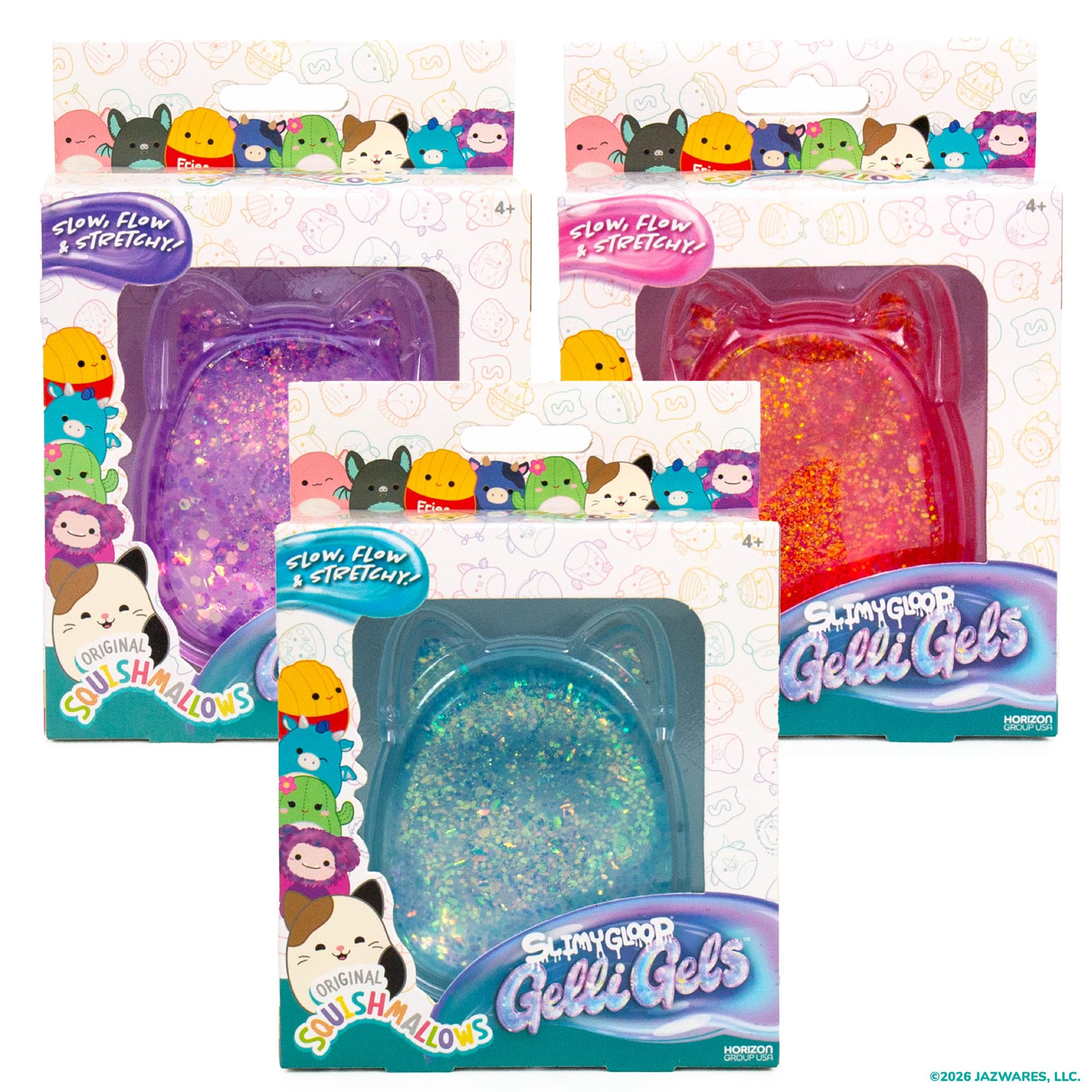 Squishmallows SLIMYGLOOP set de tres colores organizado para coleccionar