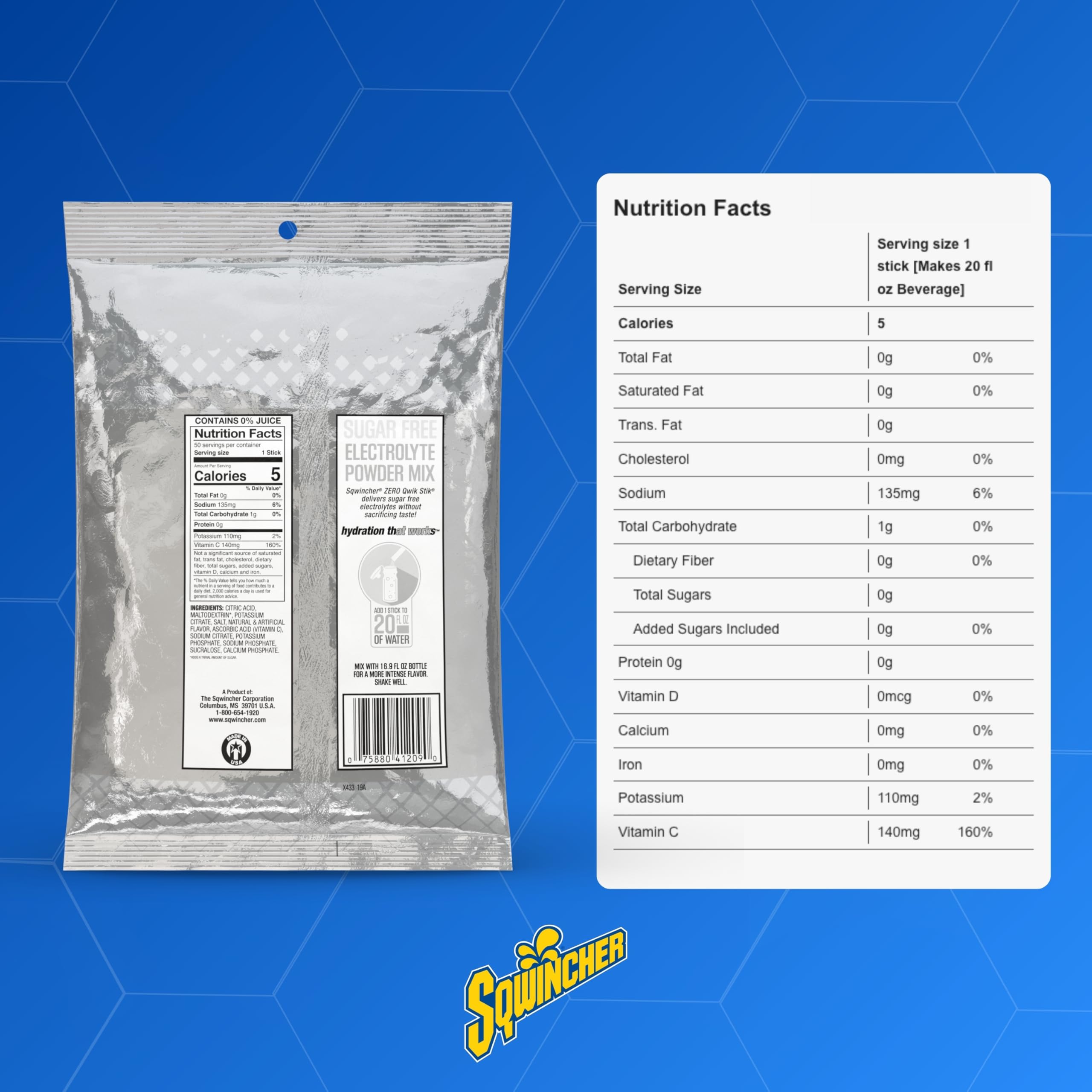 Sqwincher etiqueta nutricional mostrando información sin azúcar