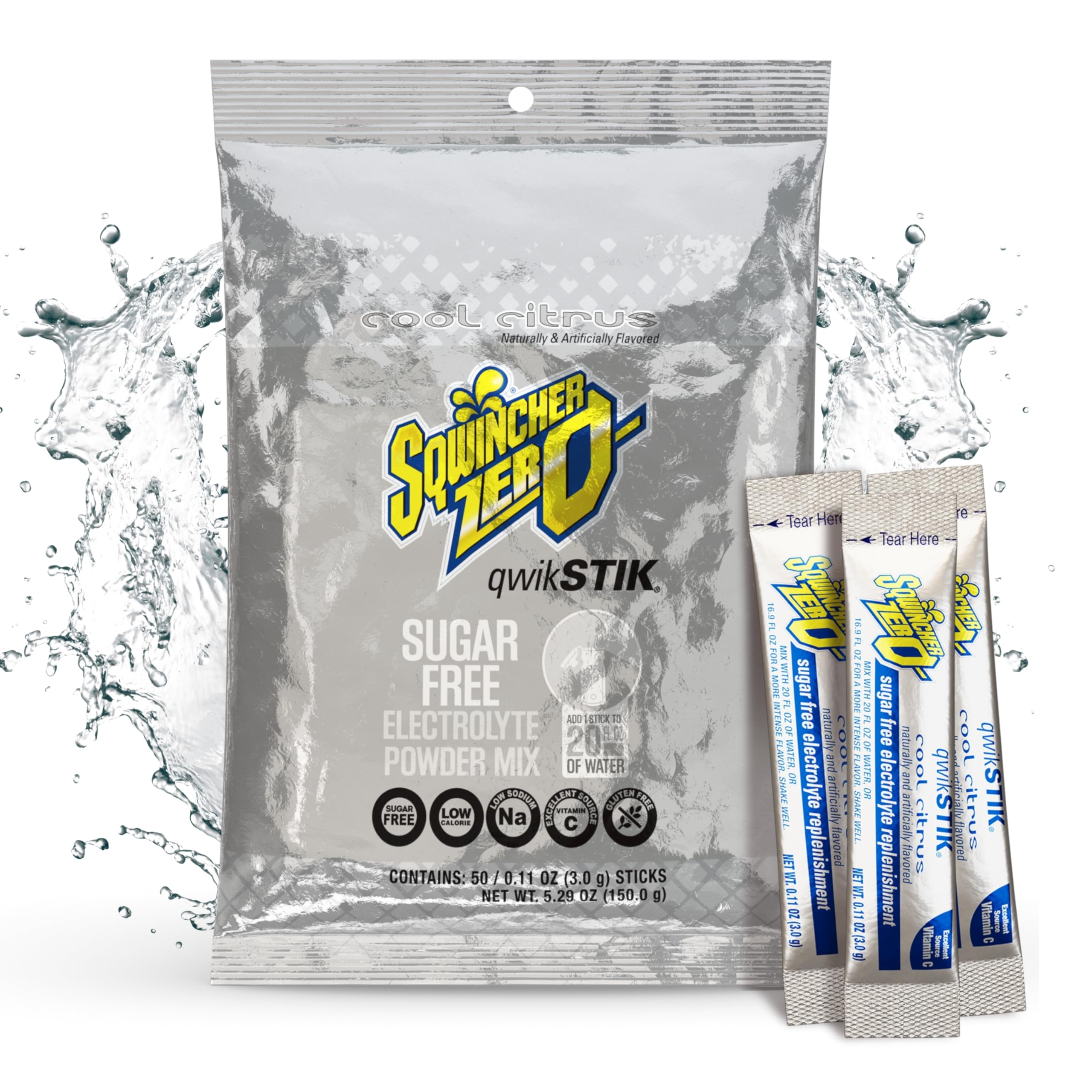 Sqwincher paquete frontal mostrando 50 sobres y conveniencia