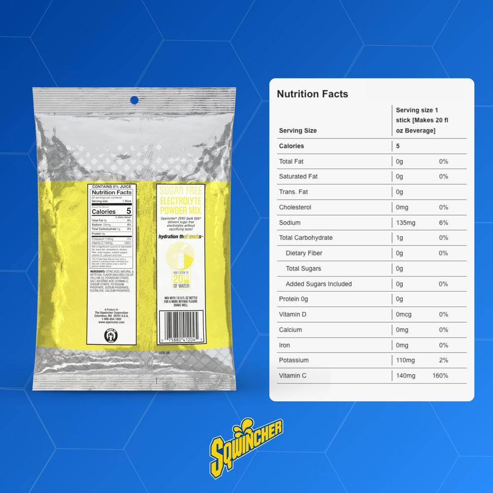 Sqwincher etiqueta con información de electrolitos y sin azúcar