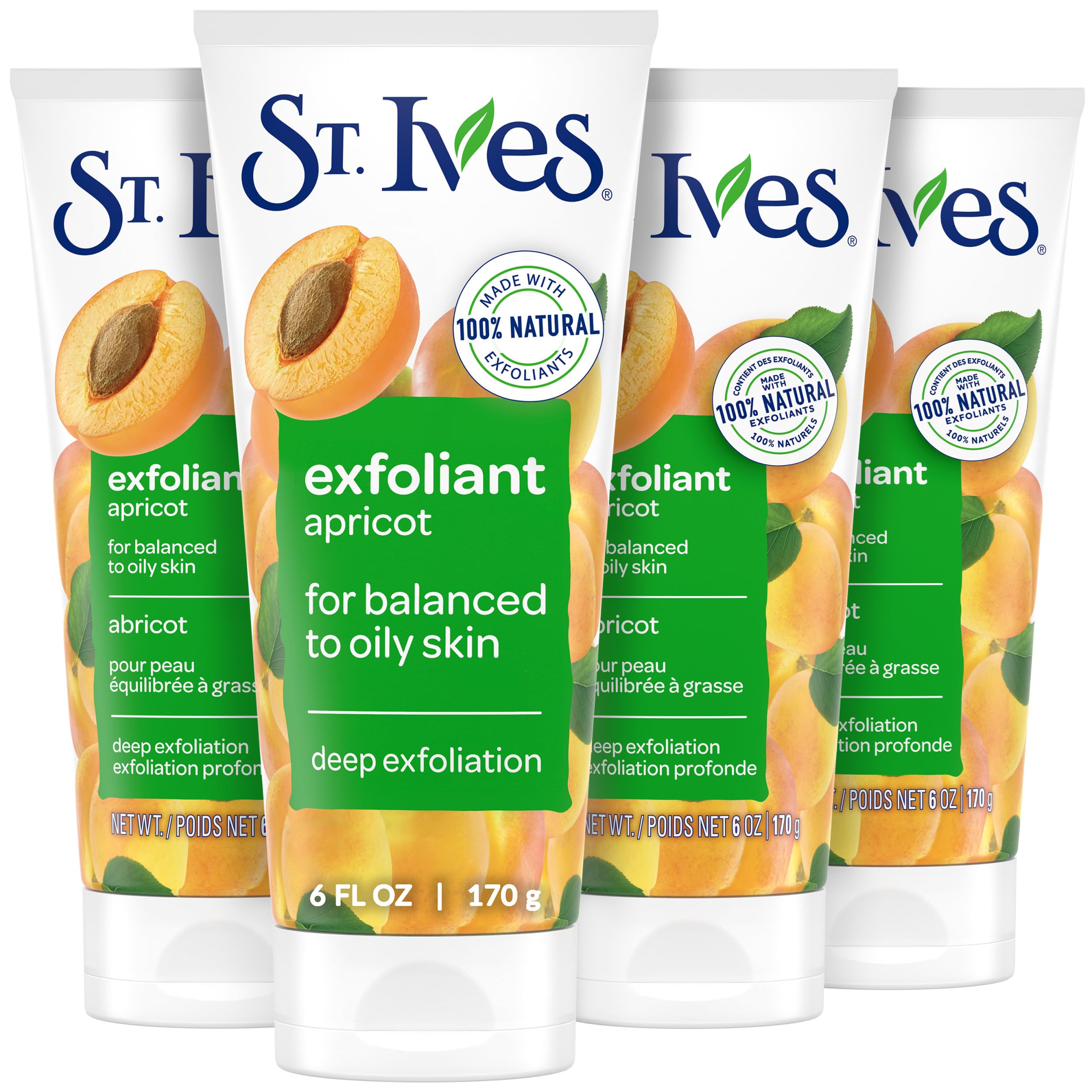 St. Ives frente del tubo Apricot mostrando diseño y beneficio limpieza