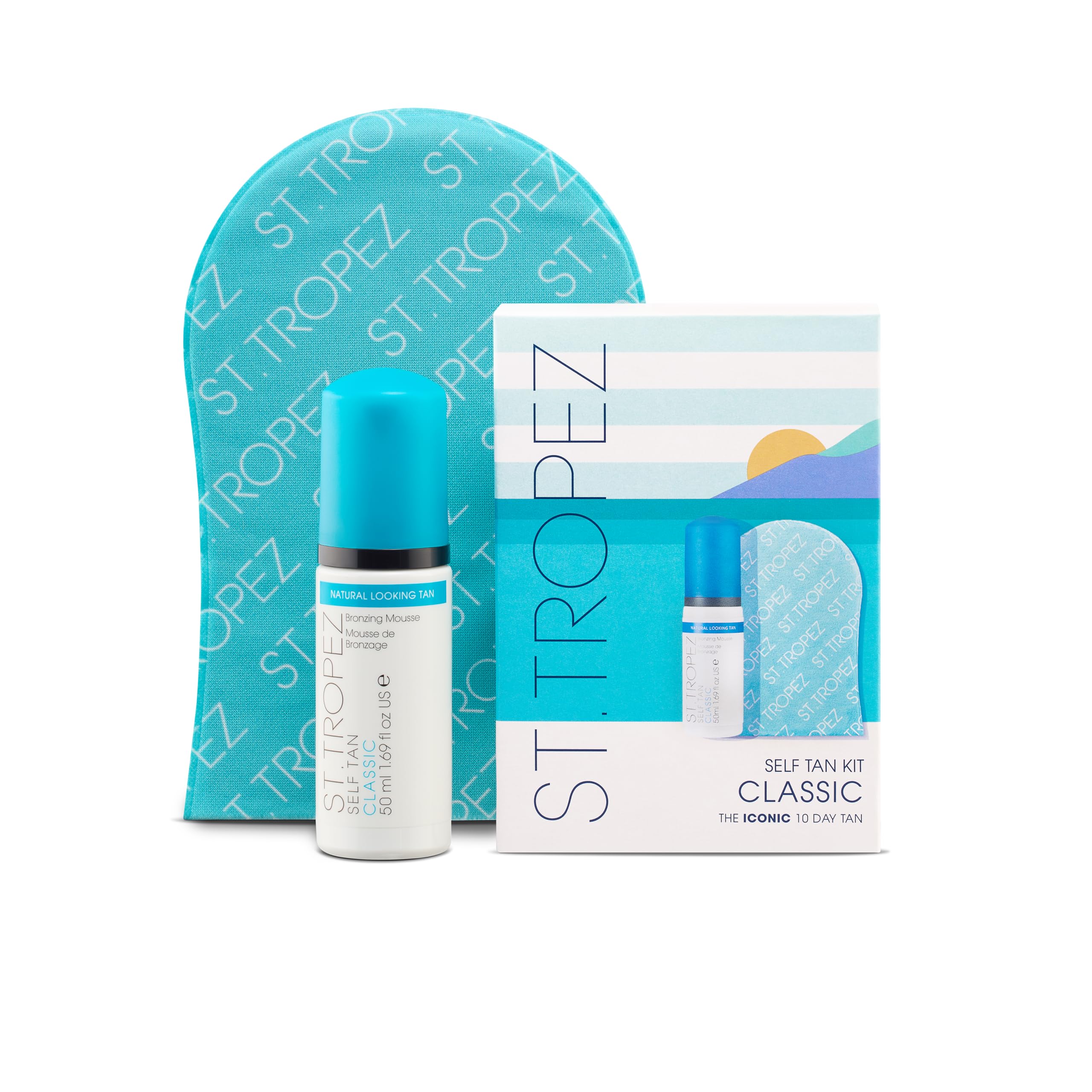 St.Tropez kit presentación frontal mostrando bote y guante para un bronceado fácil