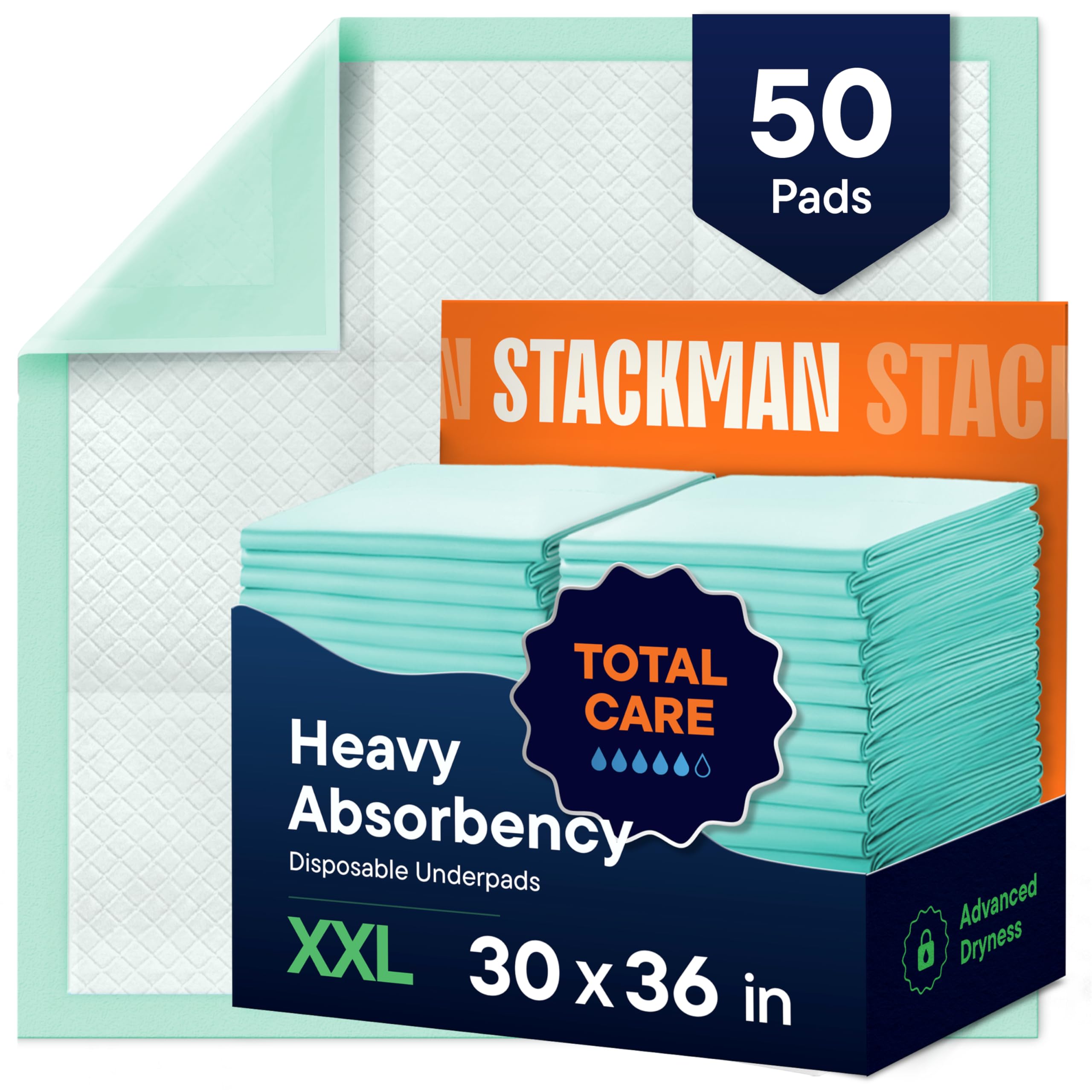 Stack Man front packaging showing 50-count pack and size benefits