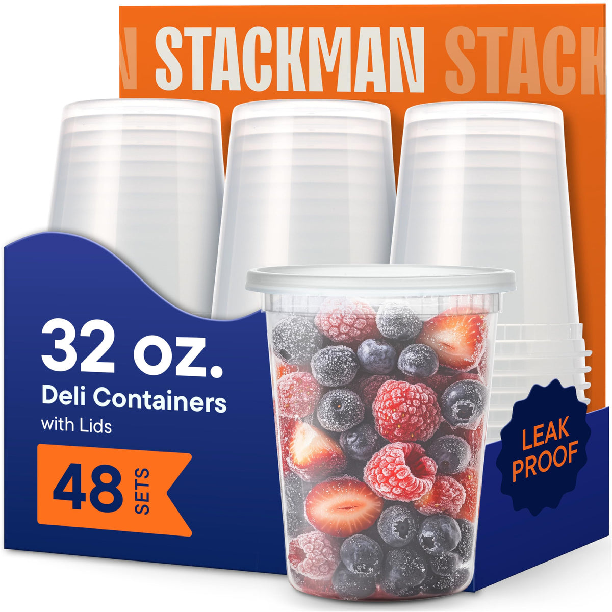 Stack Man contenedor 32 oz frente mostrando transparencia y capacidad