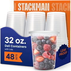 Stack Man contenedor 32 oz frente mostrando transparencia y capacidad