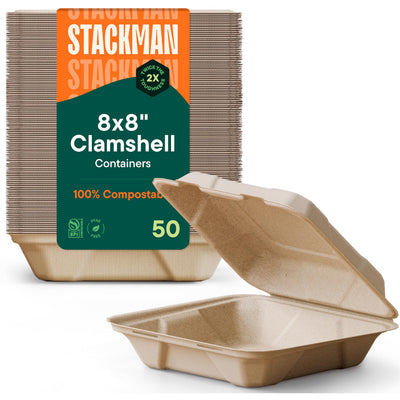 Stack Man vista frontal del clamshell resistente y compostable