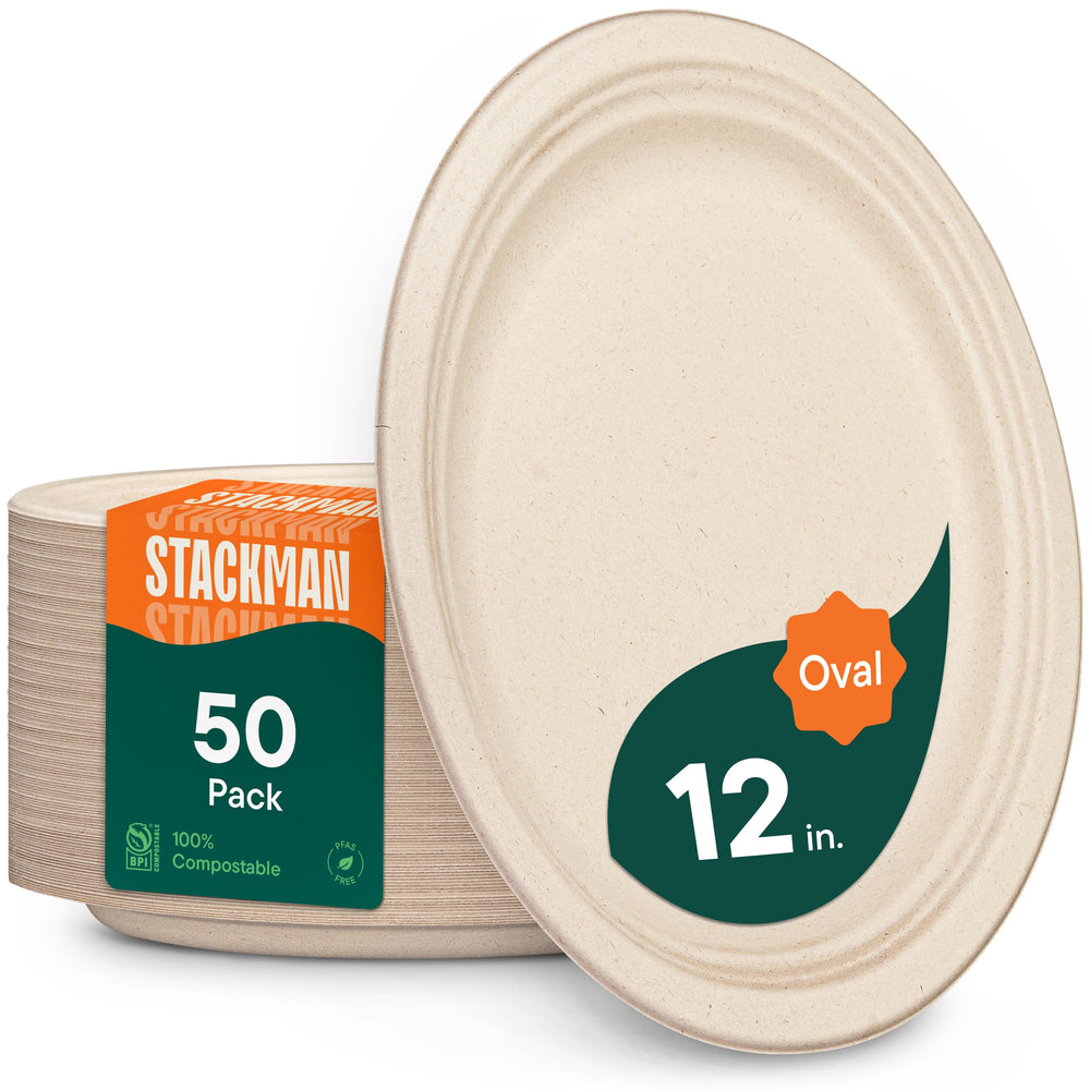 Stack Man plato ovalado frontal, presentación resistente y compostable