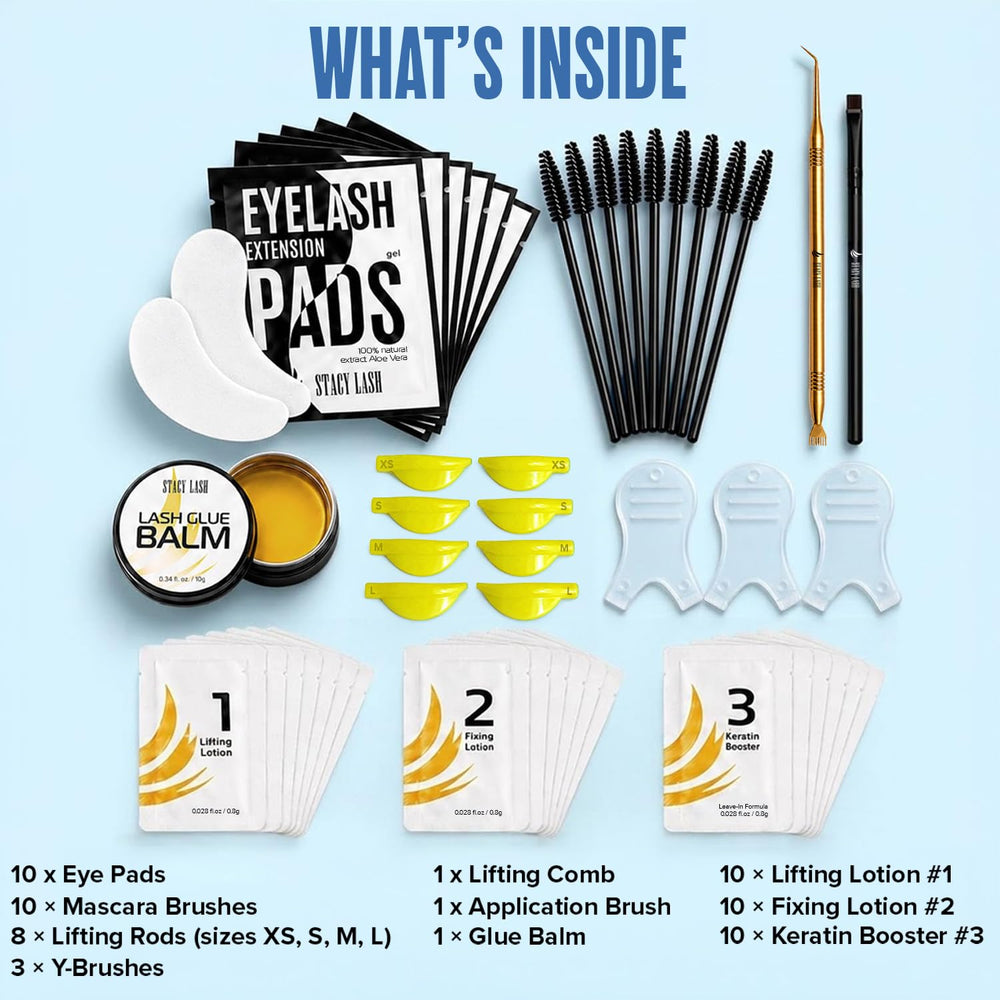 STACY LASH brushes and spoolies arranged for controlled application and grooming