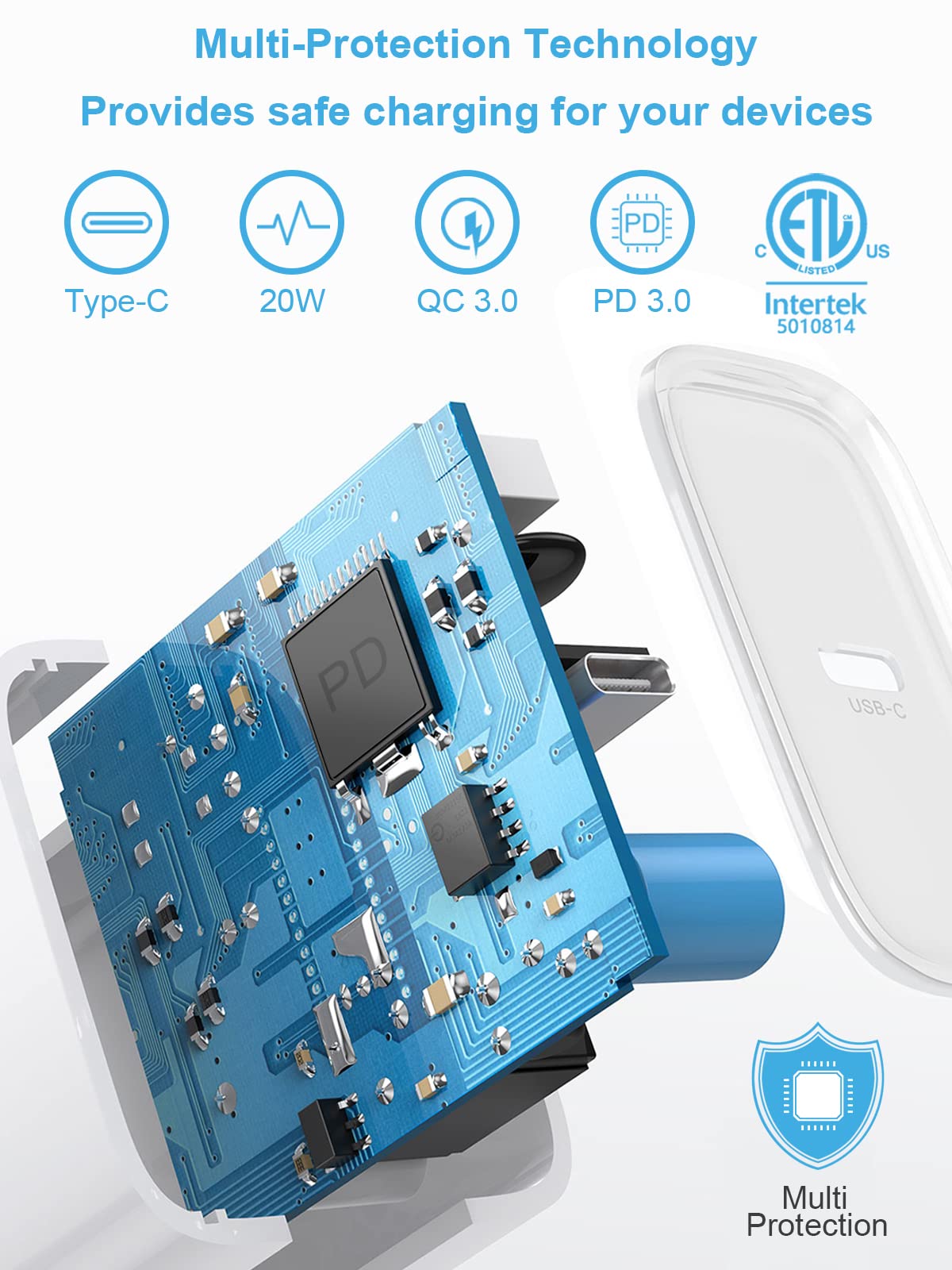 STAMISH toma cercana del adaptador USB‑C 20W con indicación de potencia segura