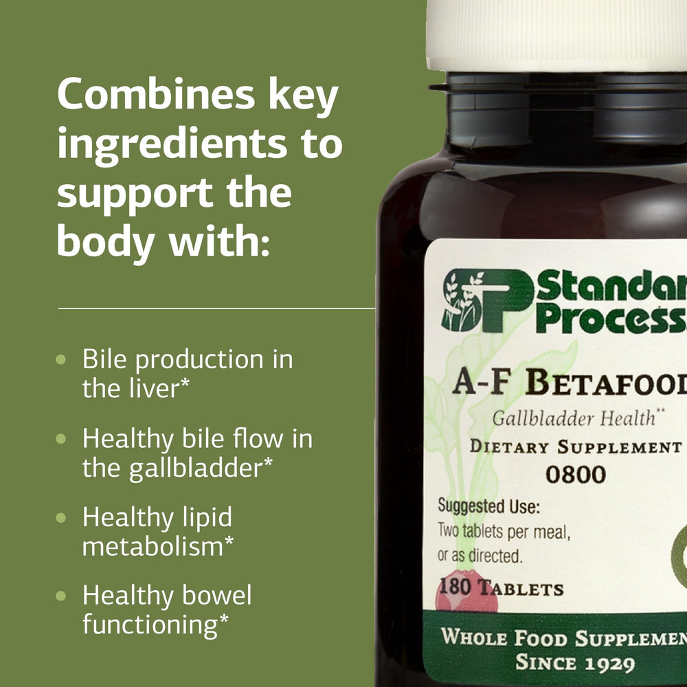 Standard Process A-F Betafood tablet beside a coin for size reference and dosing clarity
