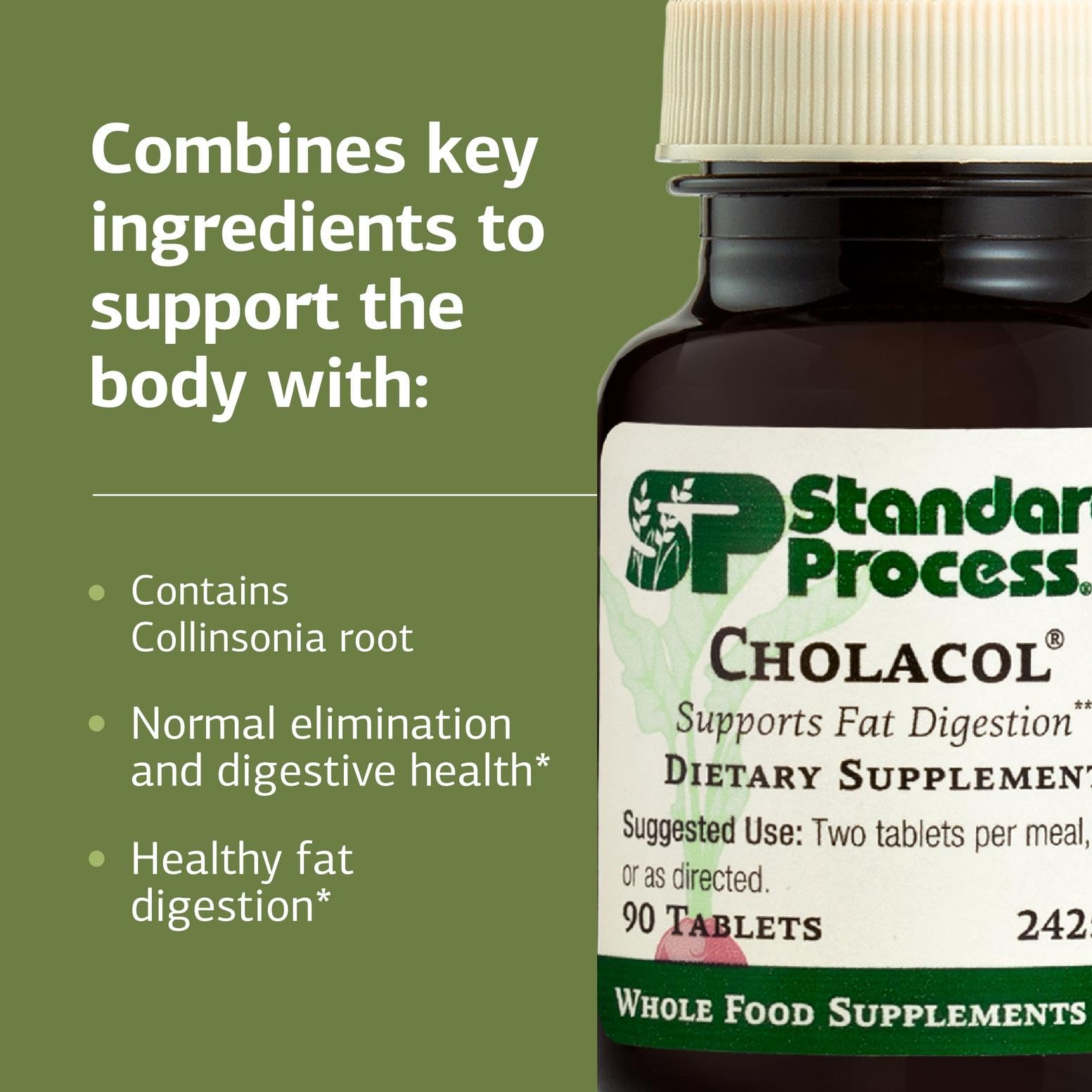 Standard Process Cholacol tablet held in hand showing scale and suggested dosing benefit