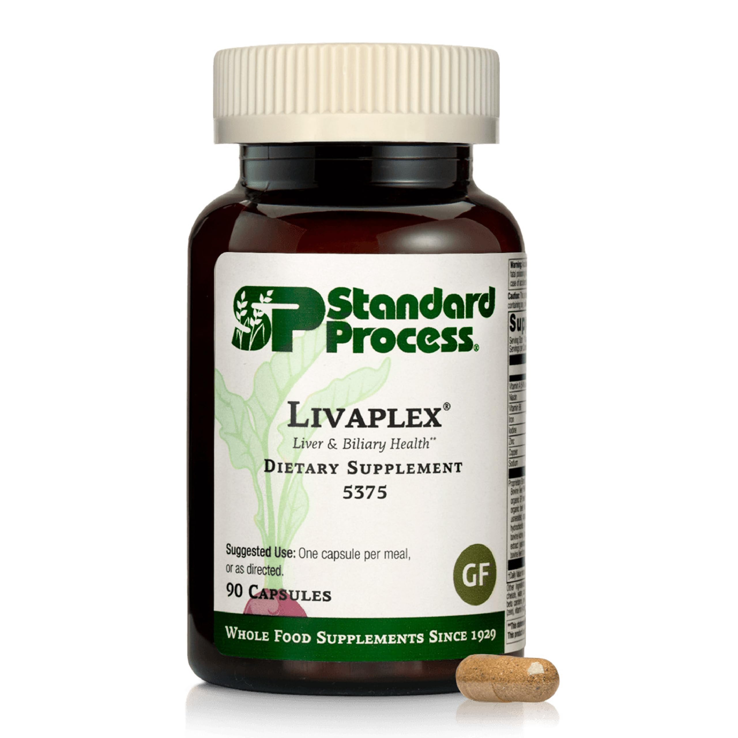 Standard Process Livaplex frente del envase mostrando 90 cápsulas y beneficios