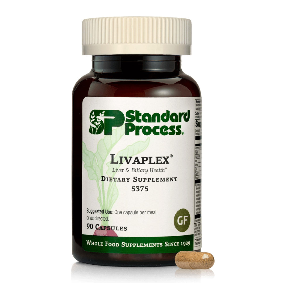Standard Process Livaplex frente del envase mostrando 90 cápsulas y beneficios