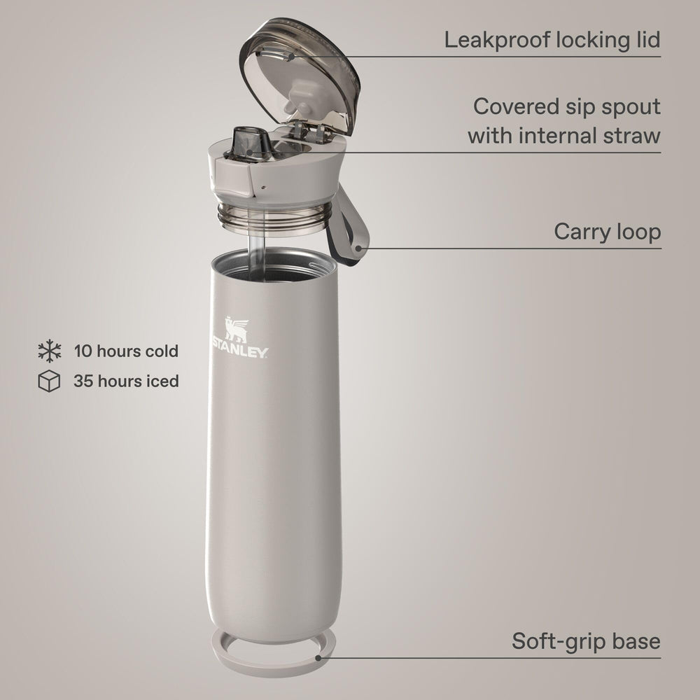 STANLEY Flowstate lid detail showing lock mechanism and leakproof benefit