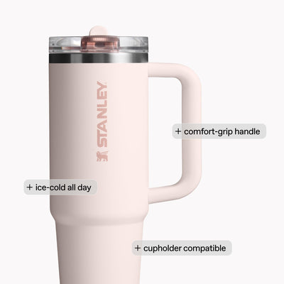 STANLEY Quencher seated in car cup holder showing travel-friendly narrow base
