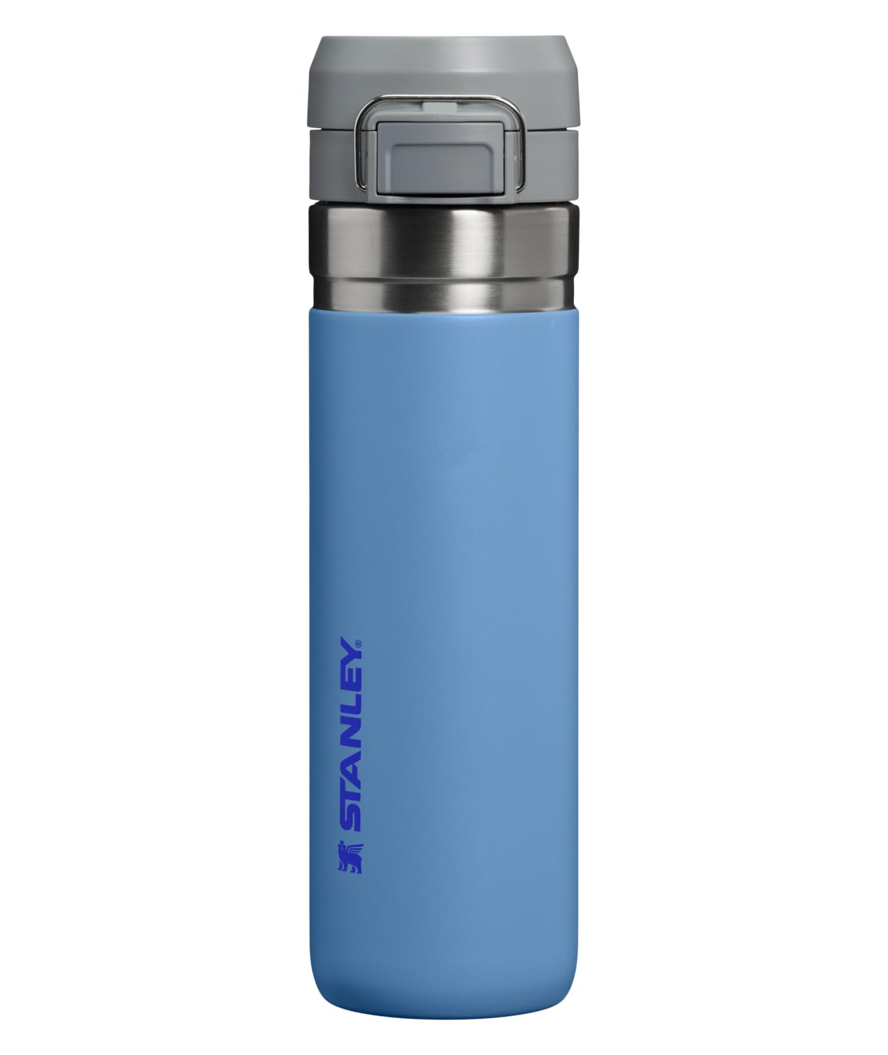 STANLEY Quick Flip GO botella azul sky vista frontal muestra tamaño y acabado resistente