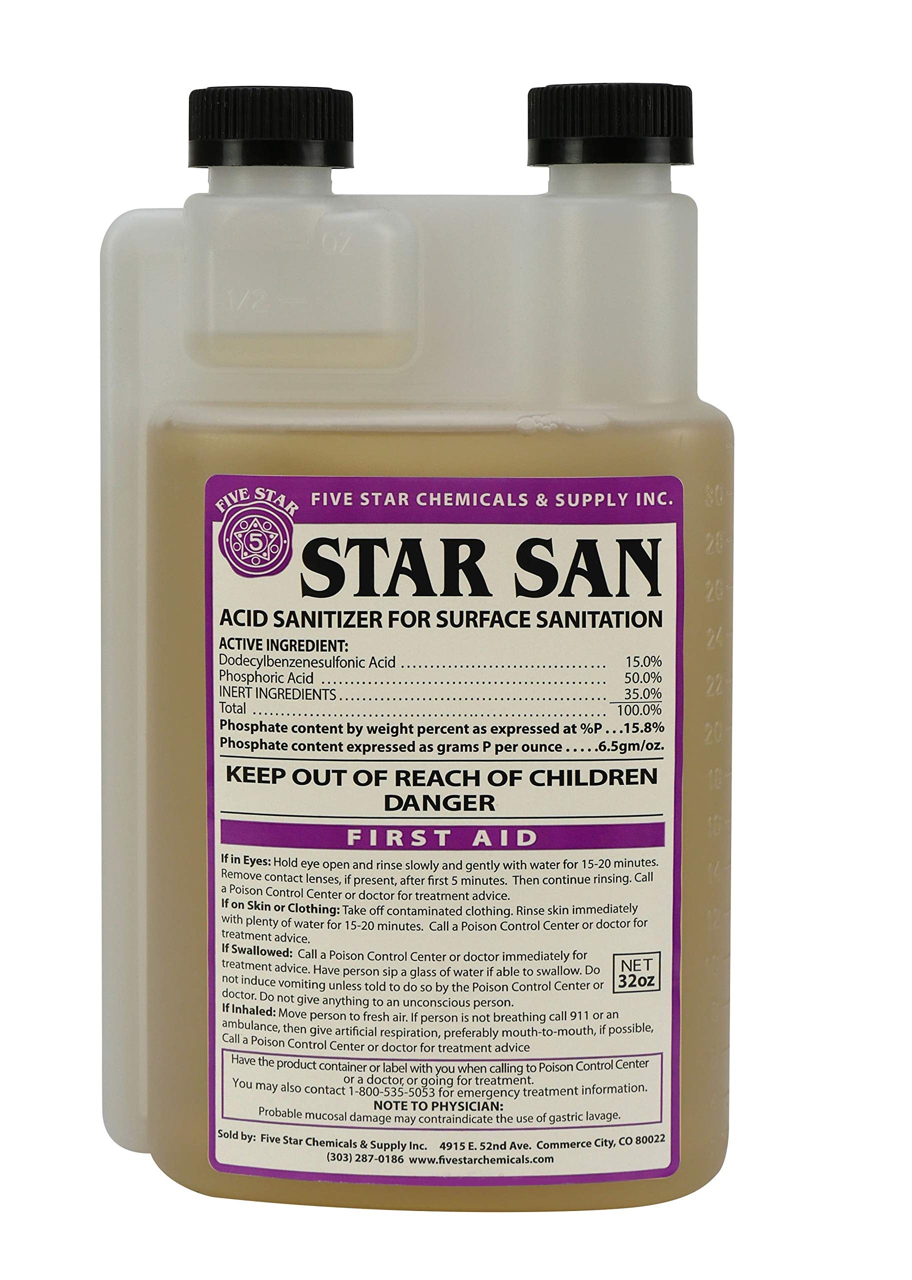 STAR SAN front label on 32 ounce bottle showing brand and product benefit