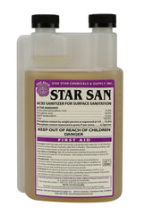 STAR SAN front label on 32 ounce bottle showing brand and product benefit