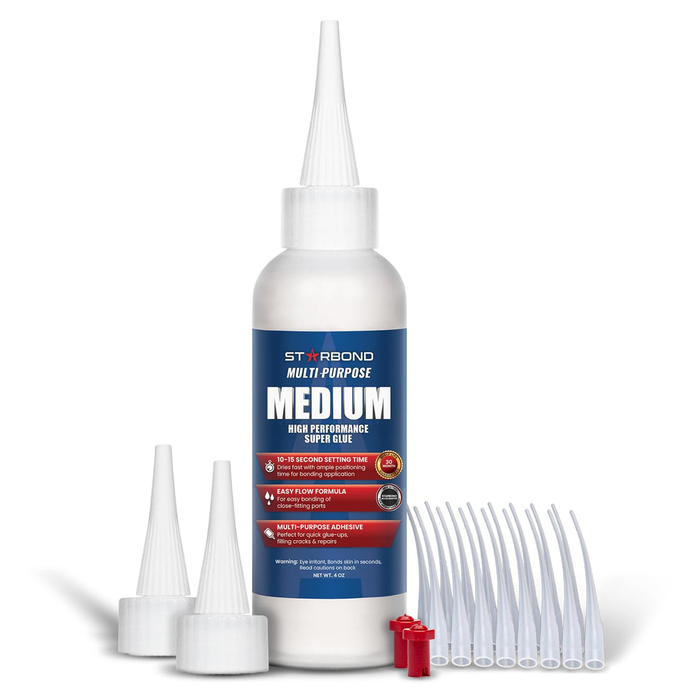 STARBOND front packaging 4oz medium CA glue showing labels and included extras benefits precise repairs