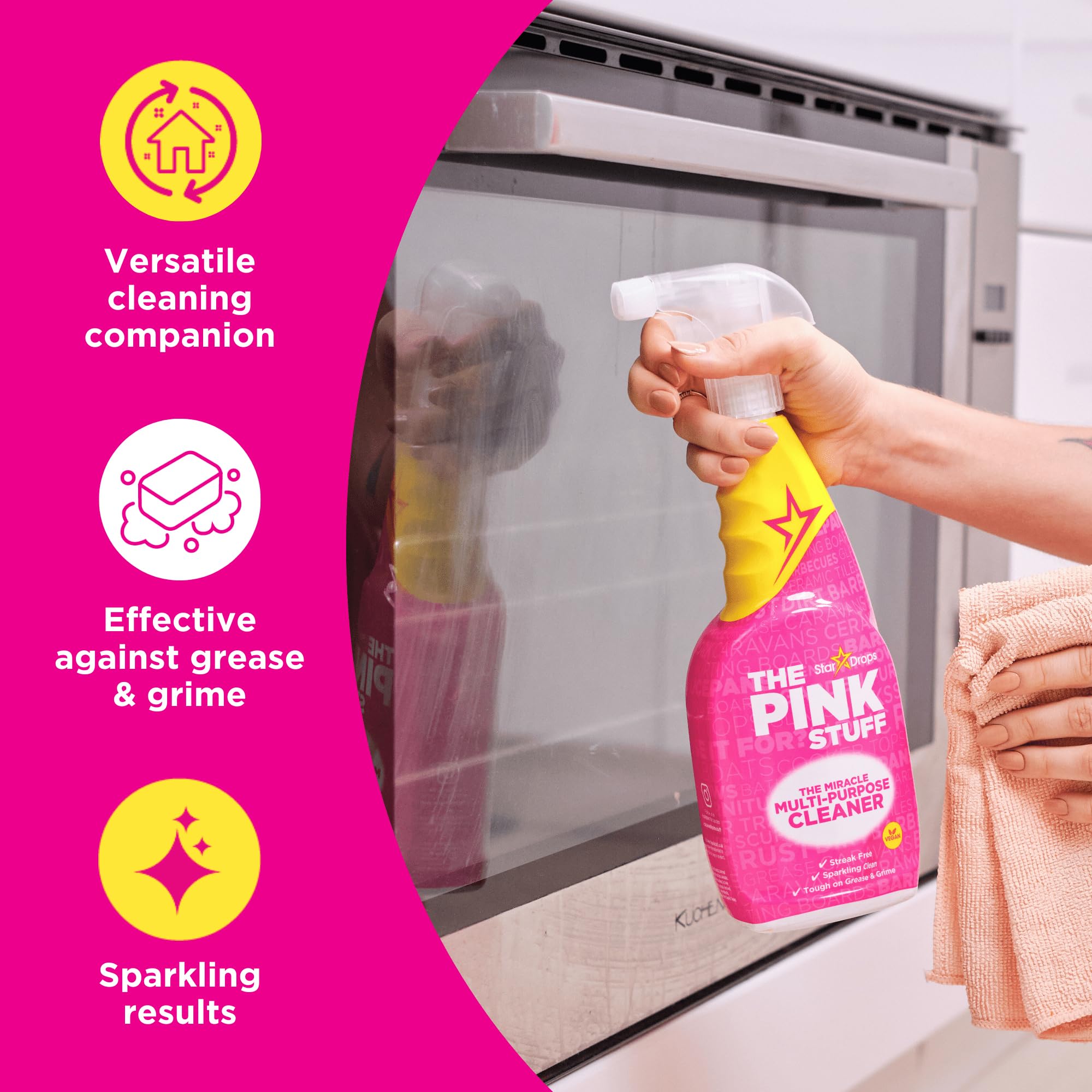Stardrops Multi-Purpose Spray en uso sobre encimera eliminando grasa rápidamente