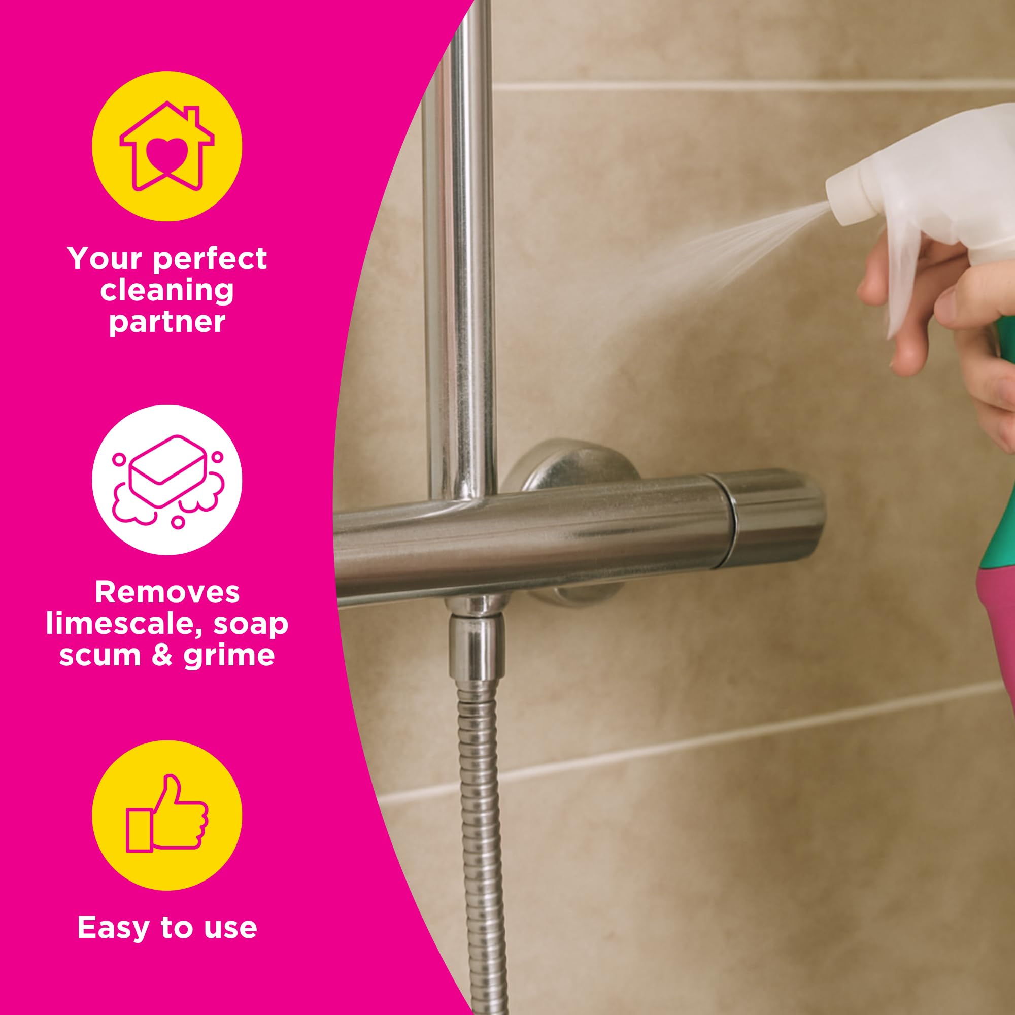Stardrops The Pink Stuff aplicado sobre mampara de vidrio, reduce marcas de agua