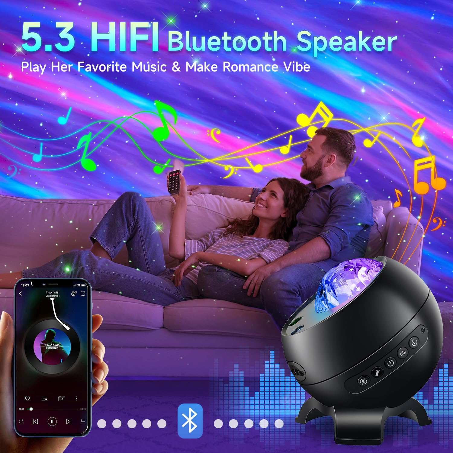 Staryou en mesita junto a smartphone, control Bluetooth cómodo