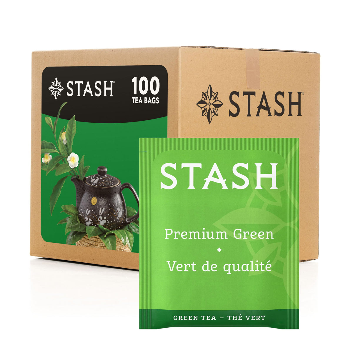 Stash caja frontal de 100 bolsitas mostrando empaquetado y conveniencia