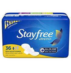 Stayfree empaque frontal mostrando 36 unidades y beneficio de suministro prolongado