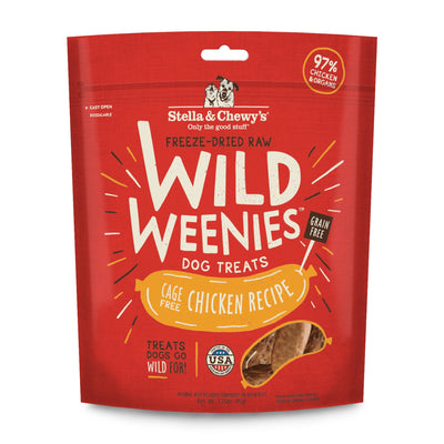 Stella & Chewy's paquete frontal Wild Weenies mostrando tamaño y marca