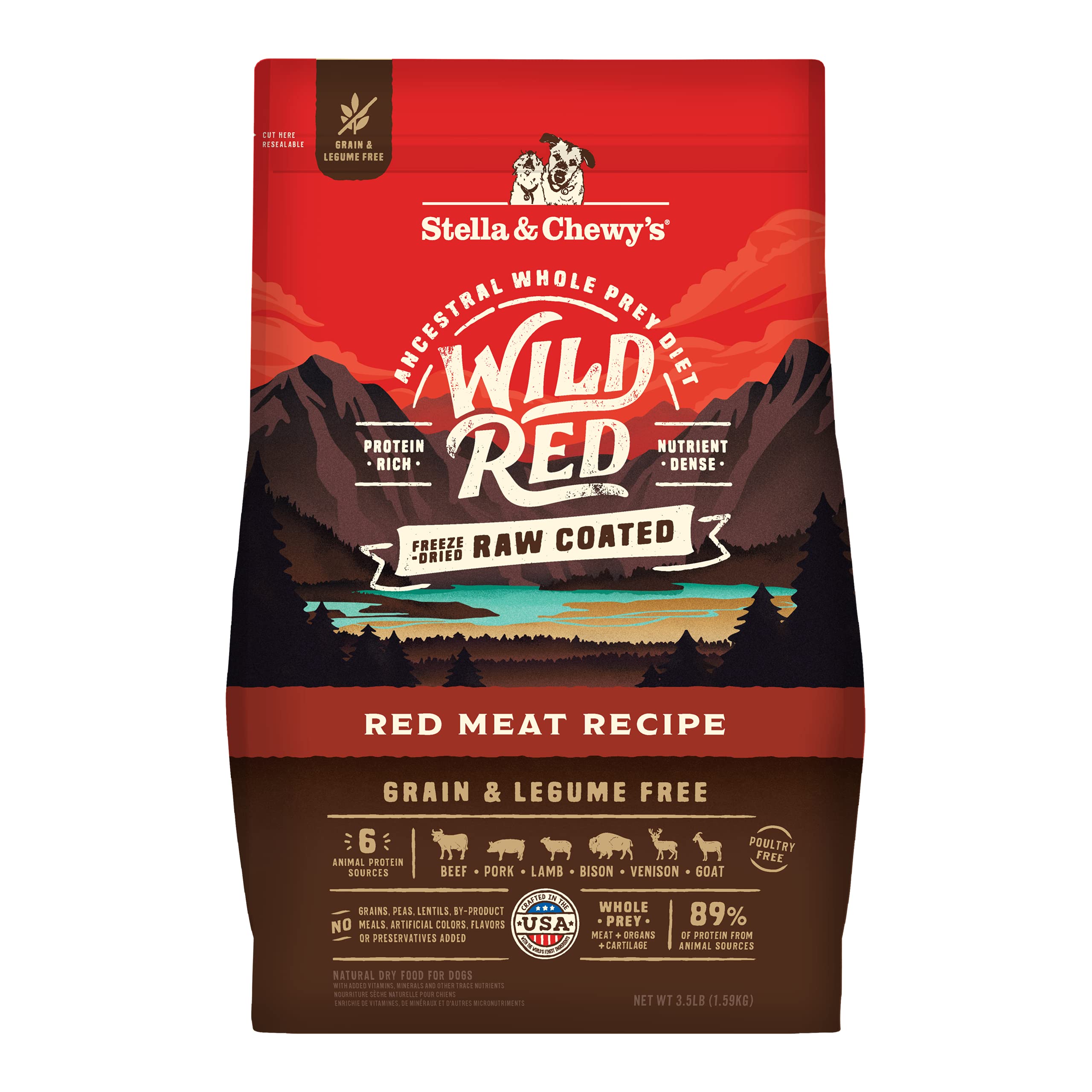 Stella & Chewy's bolsa frontal Wild Red mostrando diseño y peso 3.5 lb, máxima confianza