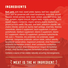 Stella & Chewy's ingredientes crudos dispuestos: carnes rojas variadas, transparencia y calidad