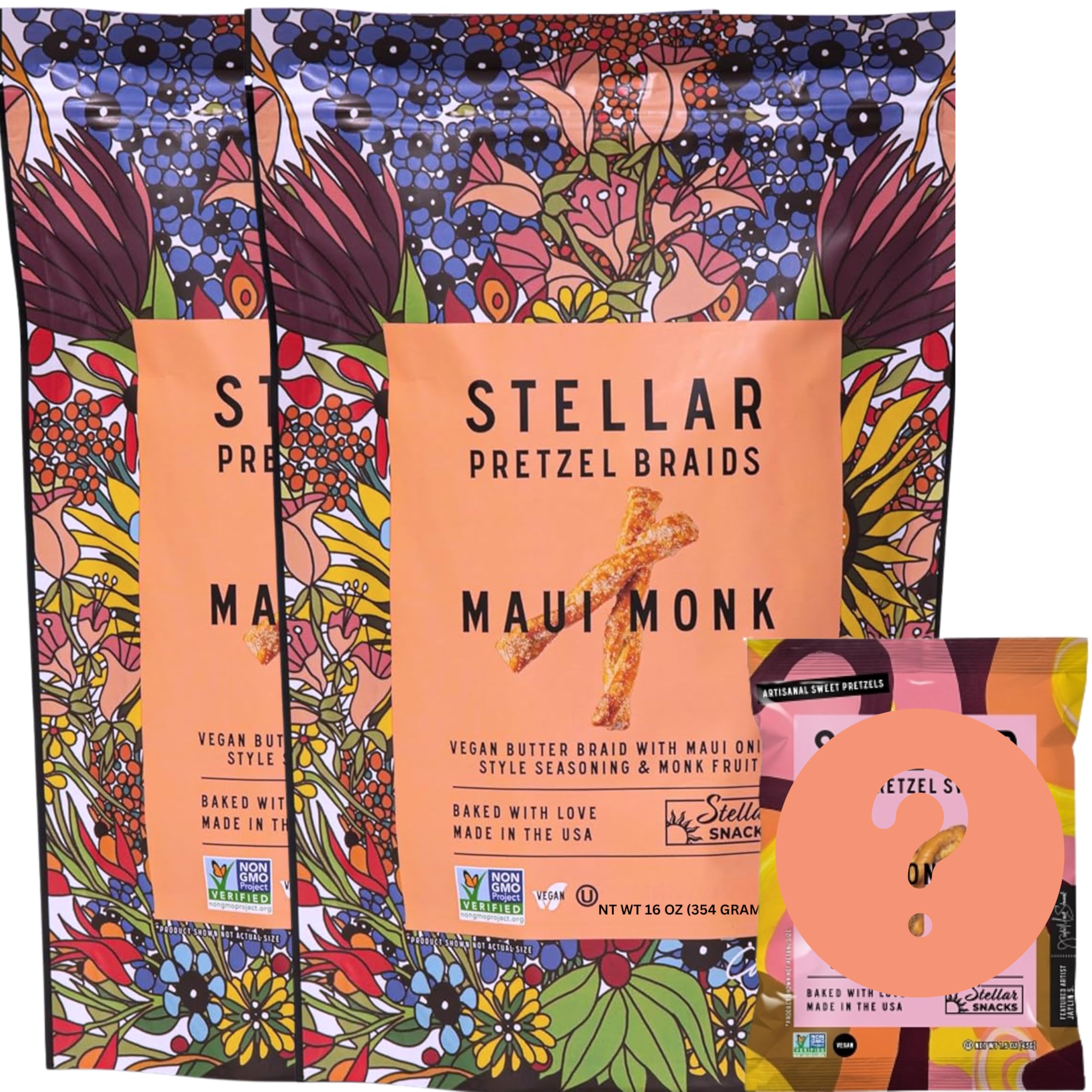 Stellar Snacks frente del empaque Maui Monk mostrando frescura y tamaño