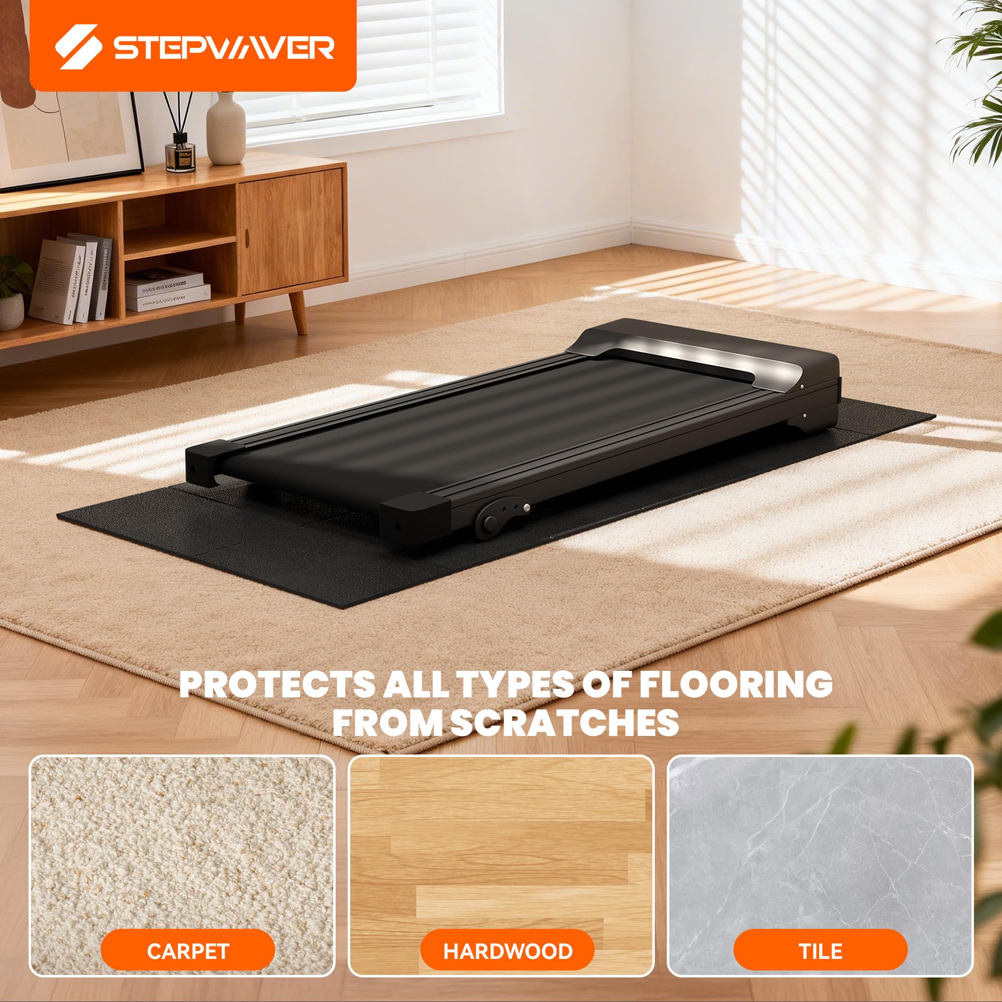 Stepwaver alfombra desplegada sobre suelo de madera protege acabado