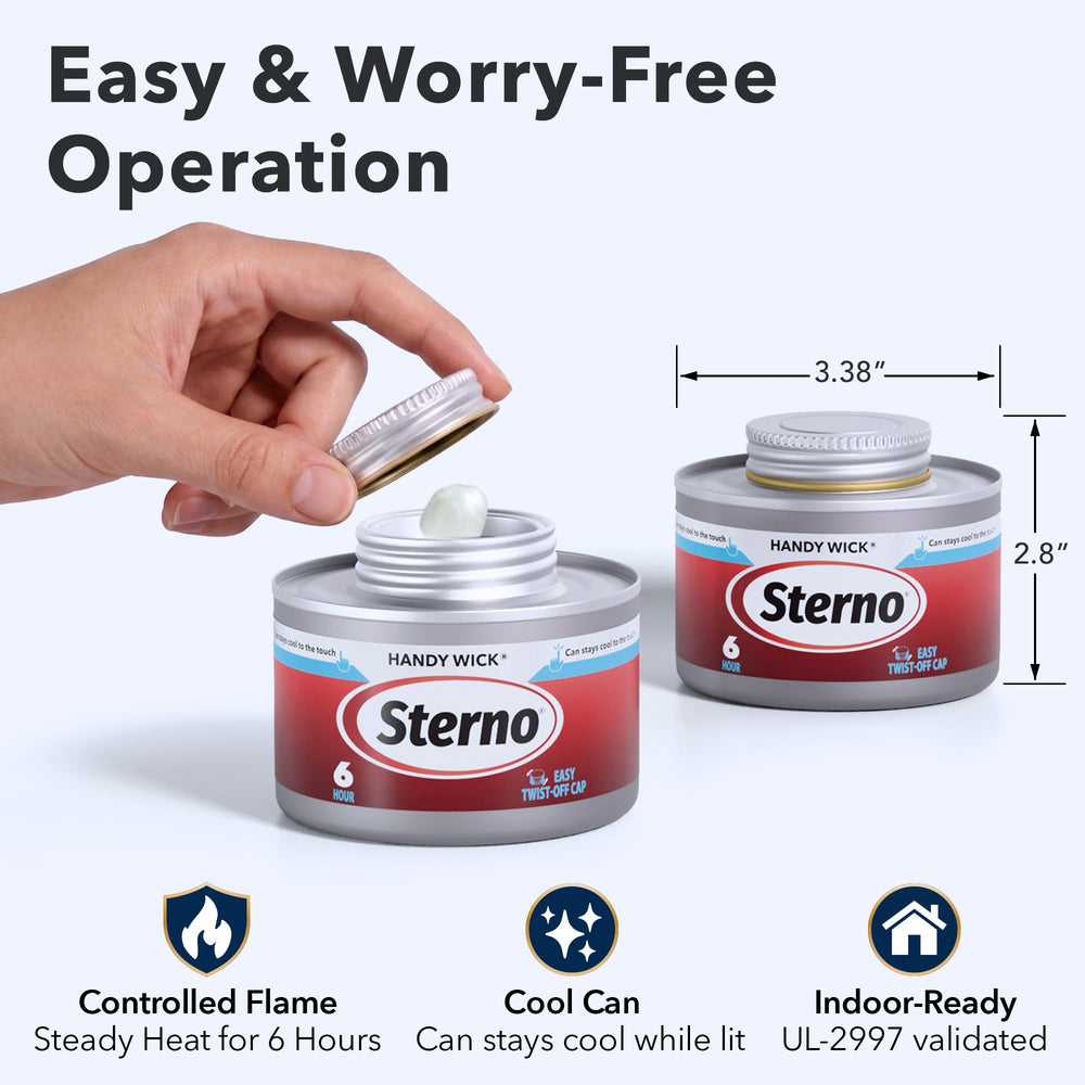 Sterno lata encendida bajo chafing dish, calor constante y estable