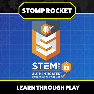 Eight Stomp Rocket rockets lined on grass demonstrating included count and ready-to-launch variety