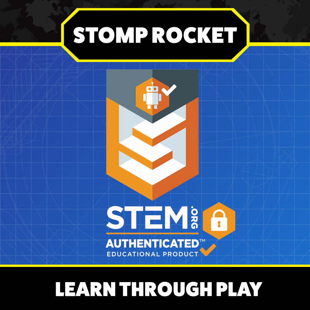 Eight Stomp Rocket rockets lined on grass demonstrating included count and ready-to-launch variety