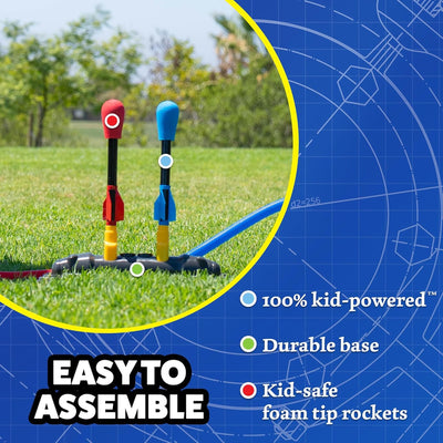 Stomp Rocket rocket mid-flight over lawn illustrating high, long-distance launches up to 200 feet