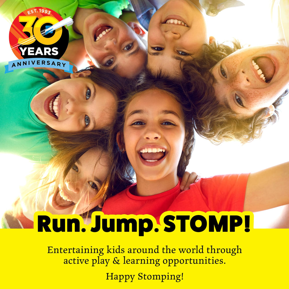 Stomp Rocket next to a child’s foot to show scale and easy stomp activation for kids
