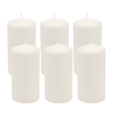 Stonebriar front packaging showing six white pillar candles and secure box, convenient gift-ready