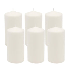 Stonebriar front packaging showing six white pillar candles and secure box, convenient gift-ready