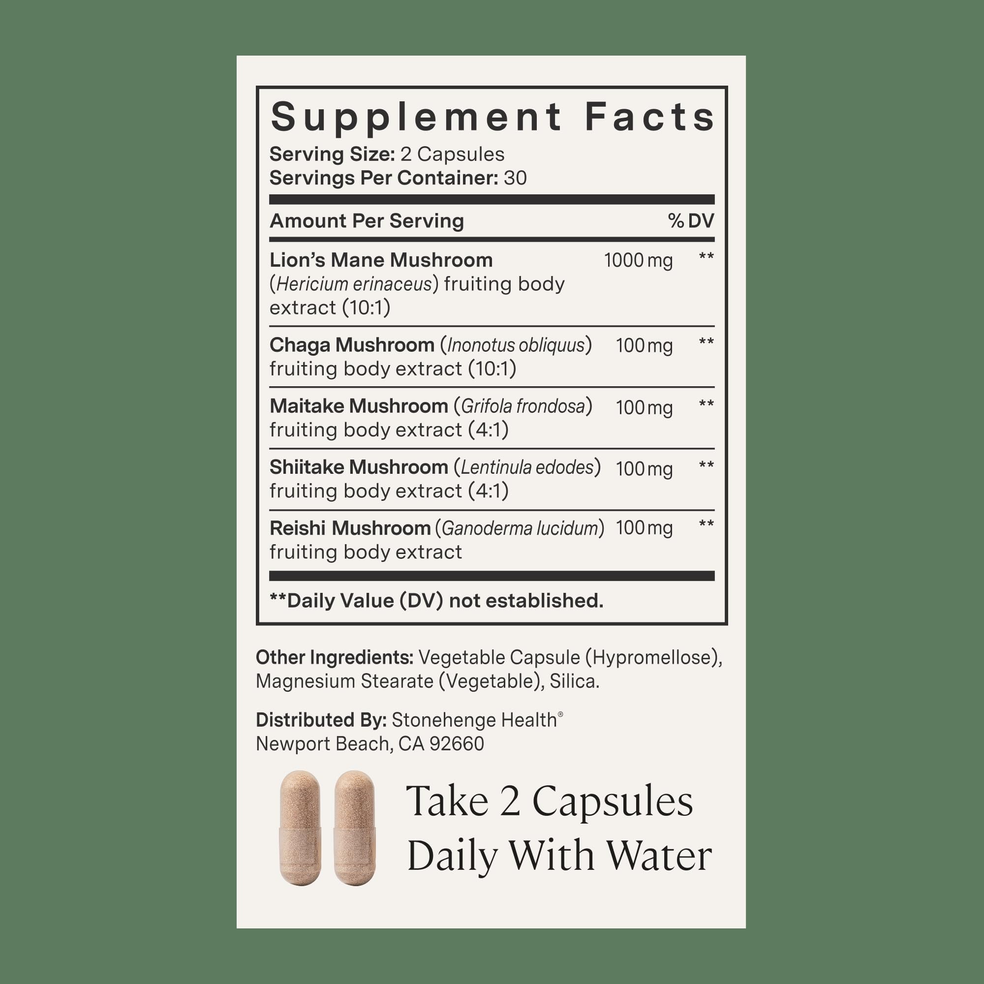 Stonehenge Health two capsules next to hands showing serving clarity