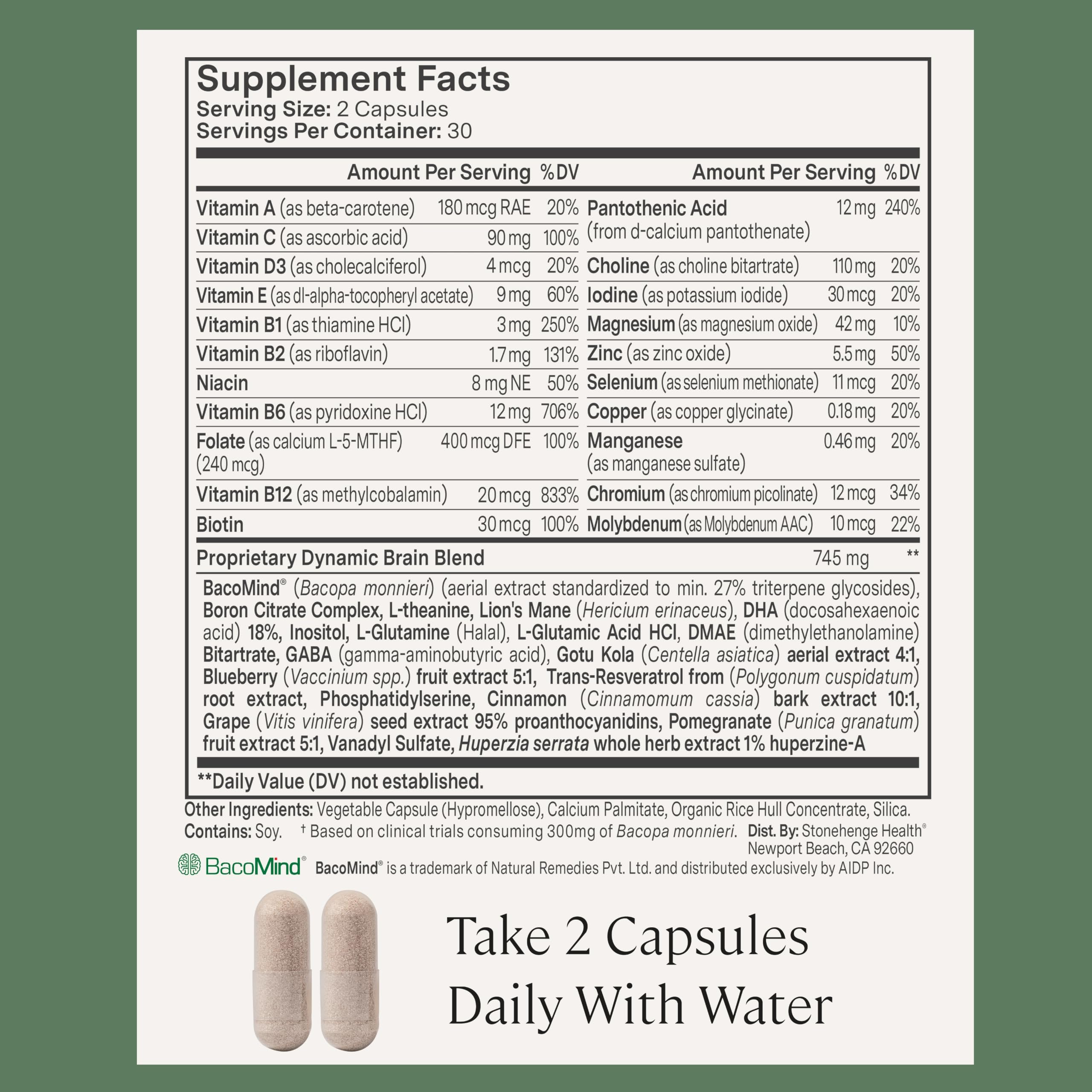 Stonehenge Health label detail showing ingredients and non-GMO badge