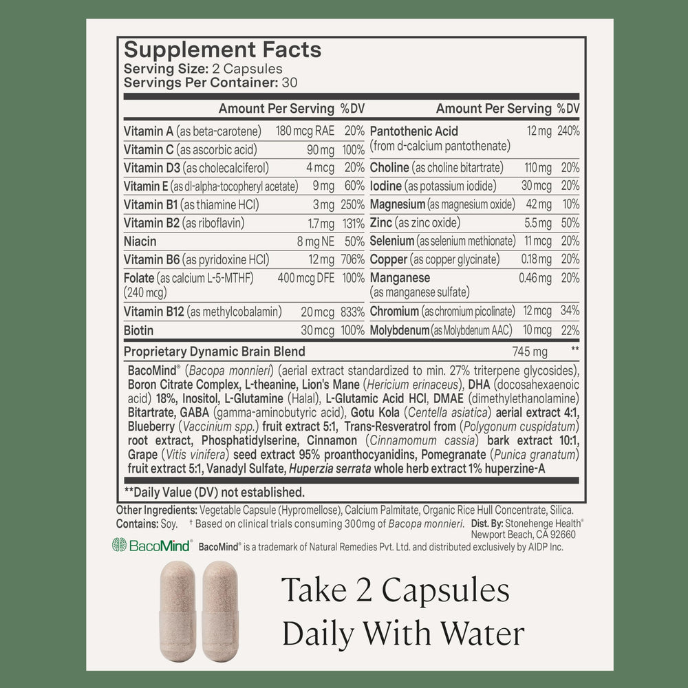 Stonehenge Health label detail showing ingredients and non-GMO badge
