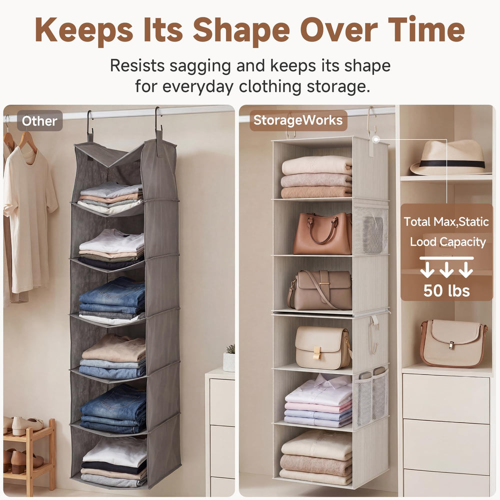 StorageWorks organizador en armario con ropa doblada para visibilidad rápida