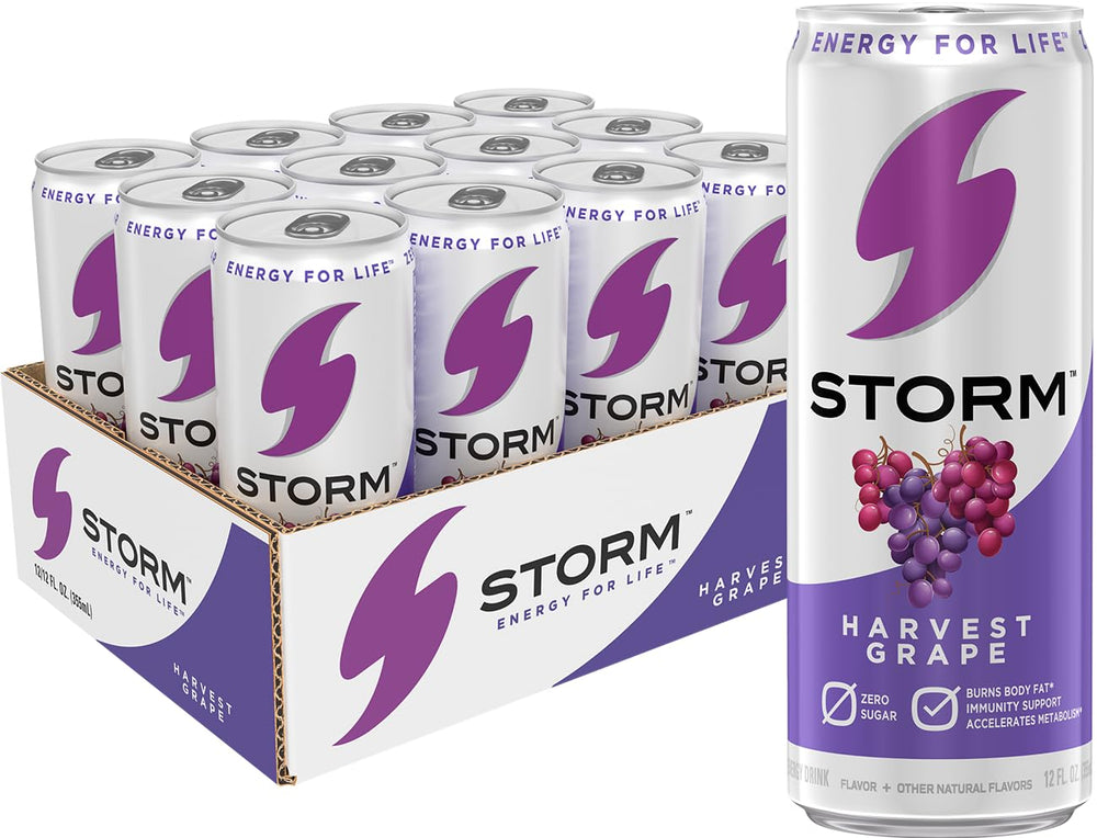 STORM lata frontal Harvest Grape mostrando diseño y beneficios energéticos
