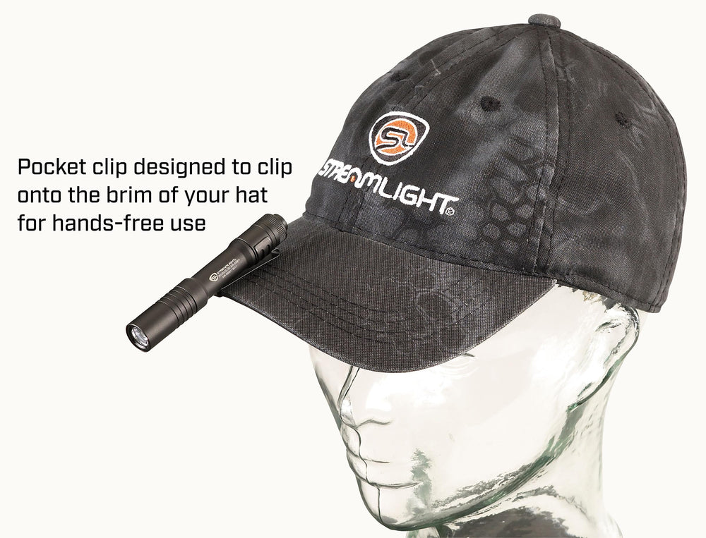 Streamlight MicroStream clipped to hat brim for hands-free work, practical carry