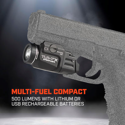 Streamlight TLR-7 X beside CR123A battery for scale showing compact footprint advantage