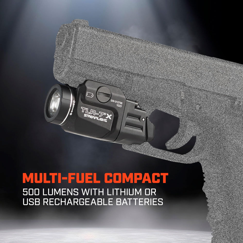 Streamlight TLR-7 X beside CR123A battery for scale showing compact footprint advantage