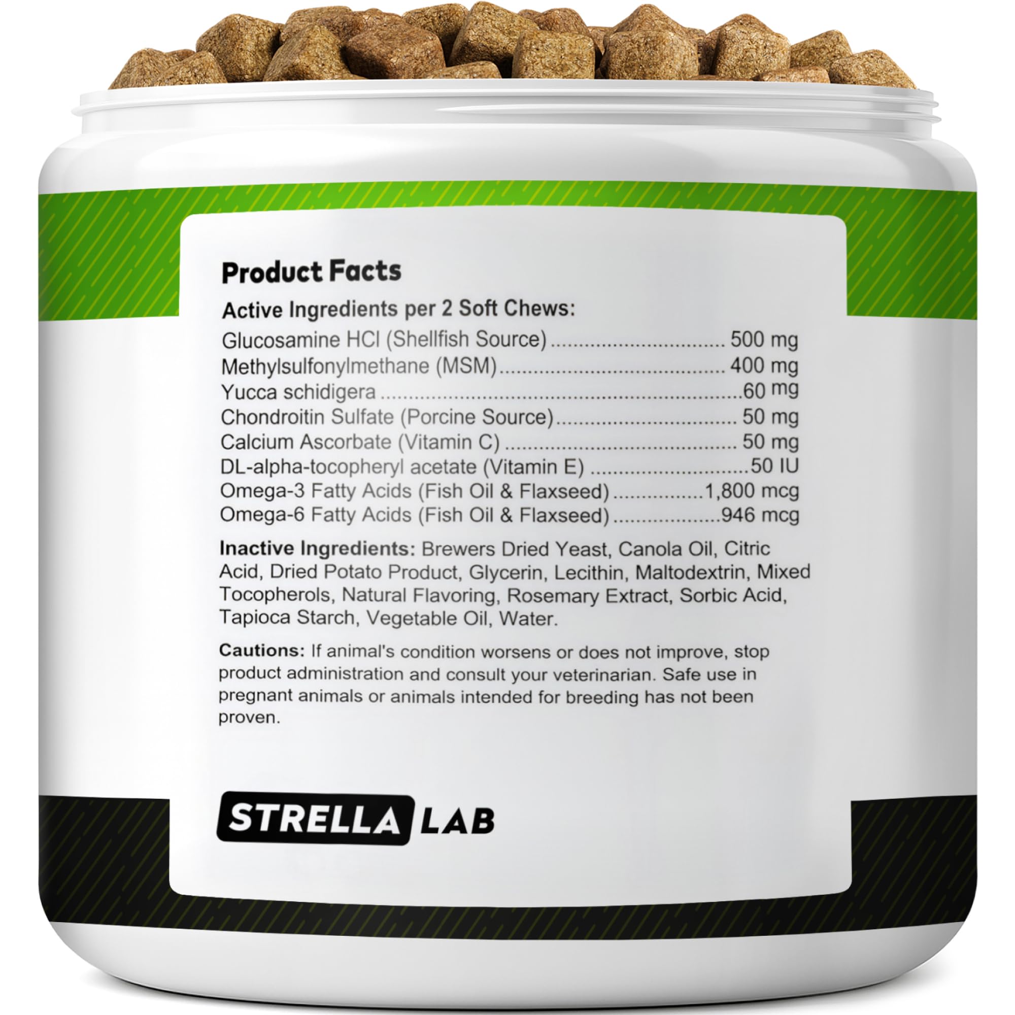 STRELLALAB etiqueta con lista de glucosamina, condroitina y vitaminas